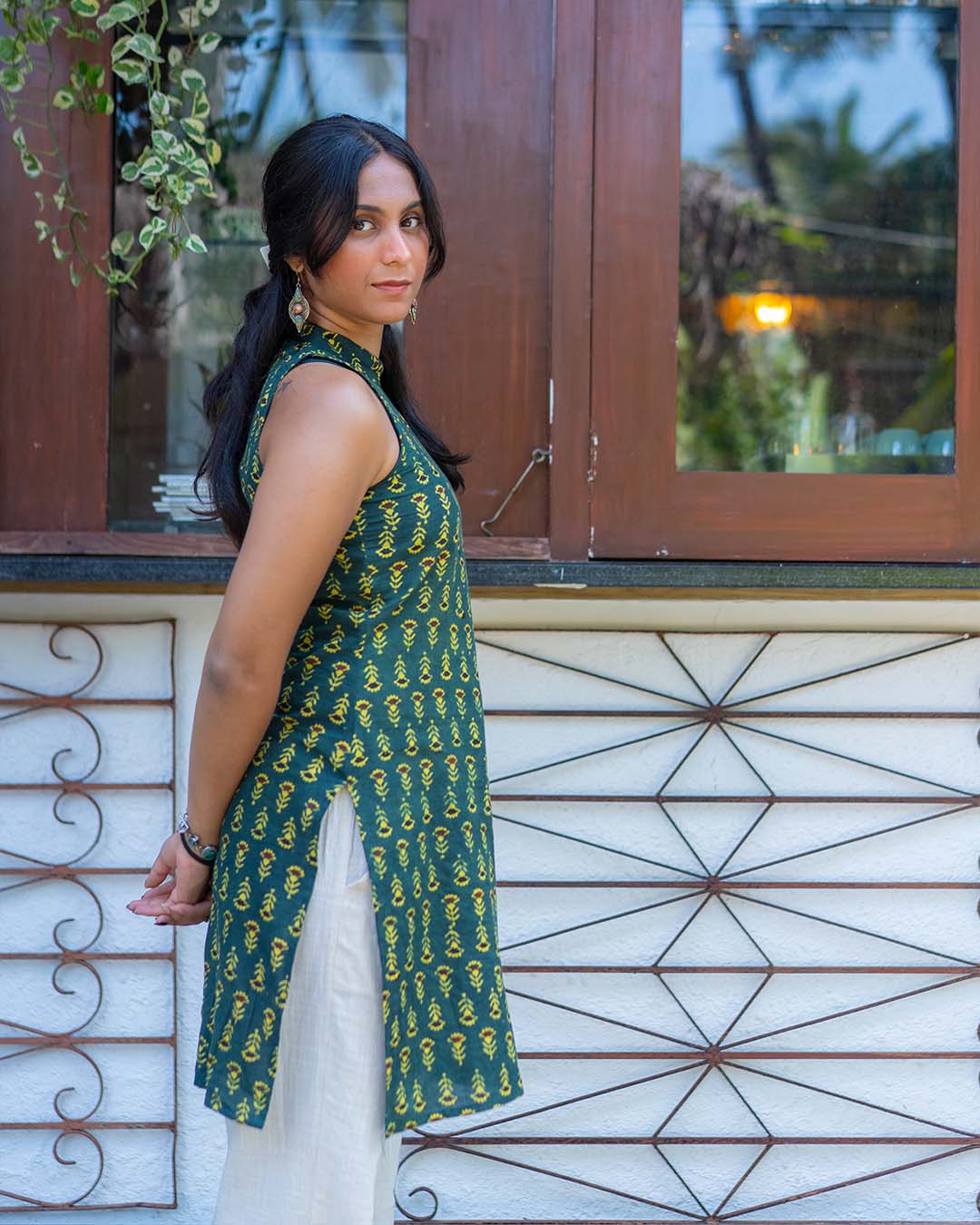 Emerald Bloom Mandarin Halter Kurti