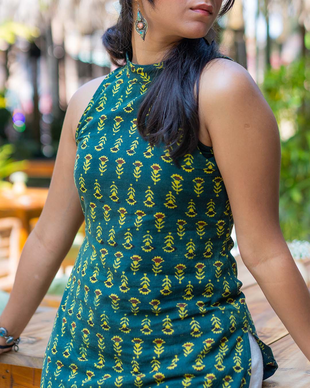 Emerald Bloom Mandarin Halter Kurti
