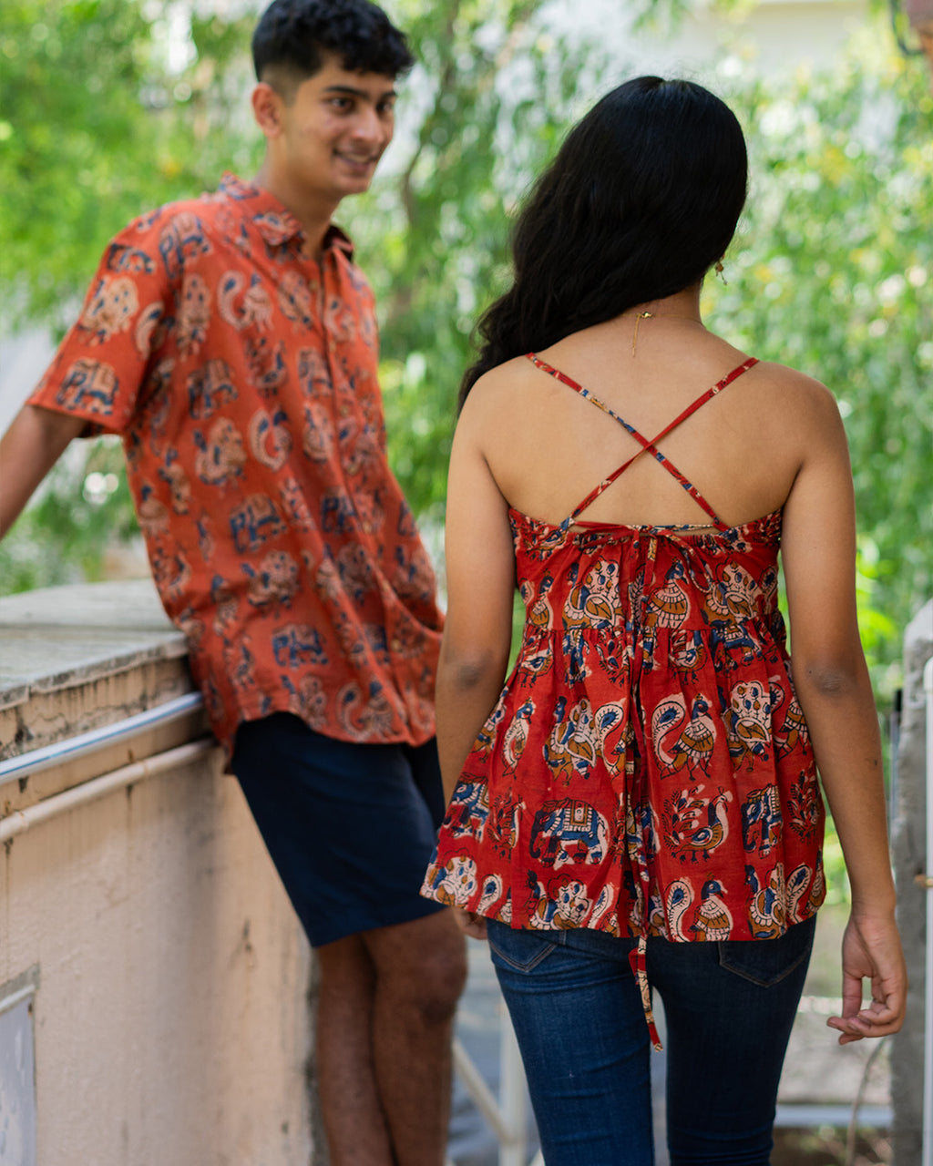 The Actual Twin Set Rust Red Pichwai Matching Couple Set (Shirt + Top Combo)