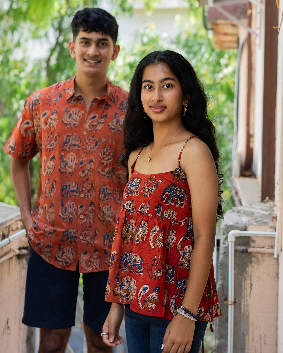The Actual Twin Set Rust Red Pichwai Matching Couple Set (Shirt + Top Combo)