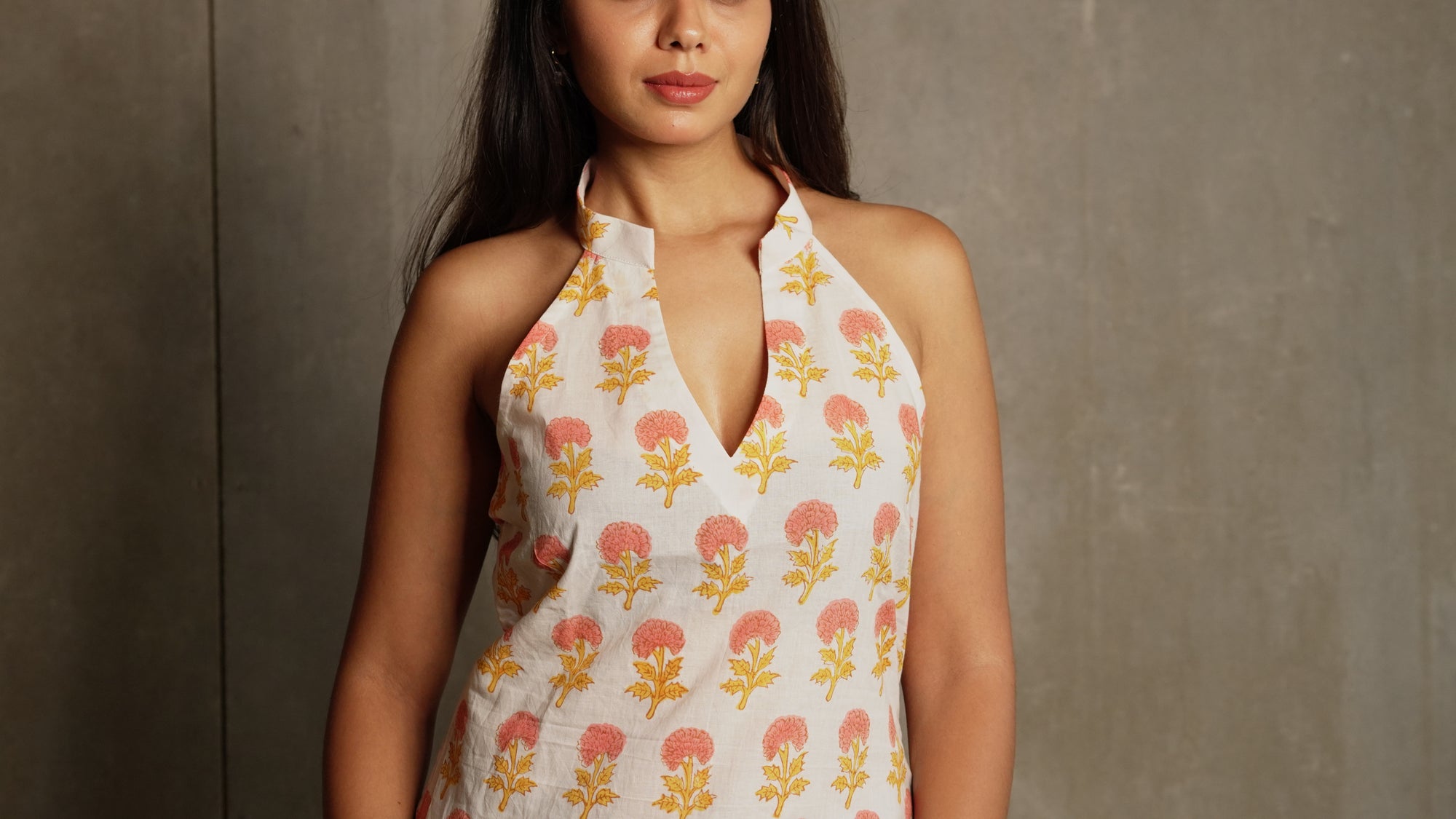 Coral-Bloom Fusion Halter Top
