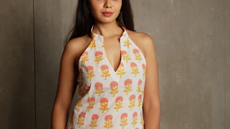 Coral-Bloom Fusion Halter Top