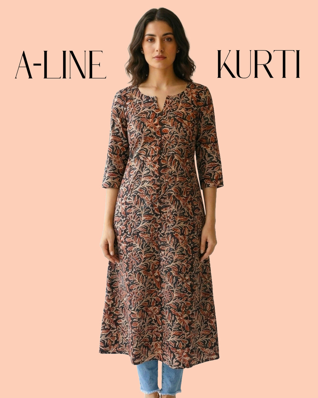 Black Cotton Sleeved A-Line Long Kurti - Kalamkari Leaf Print Tunic