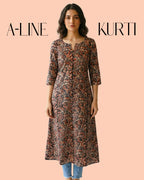 Black Cotton Sleeved A-Line Long Kurti - Kalamkari Leaf Print Tunic
