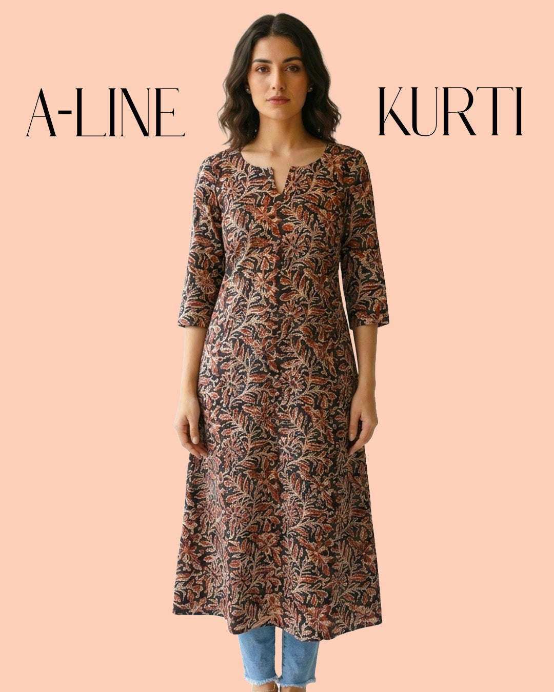 Black Cotton Sleeved A-Line Long Kurti - Kalamkari Leaf Print Tunic