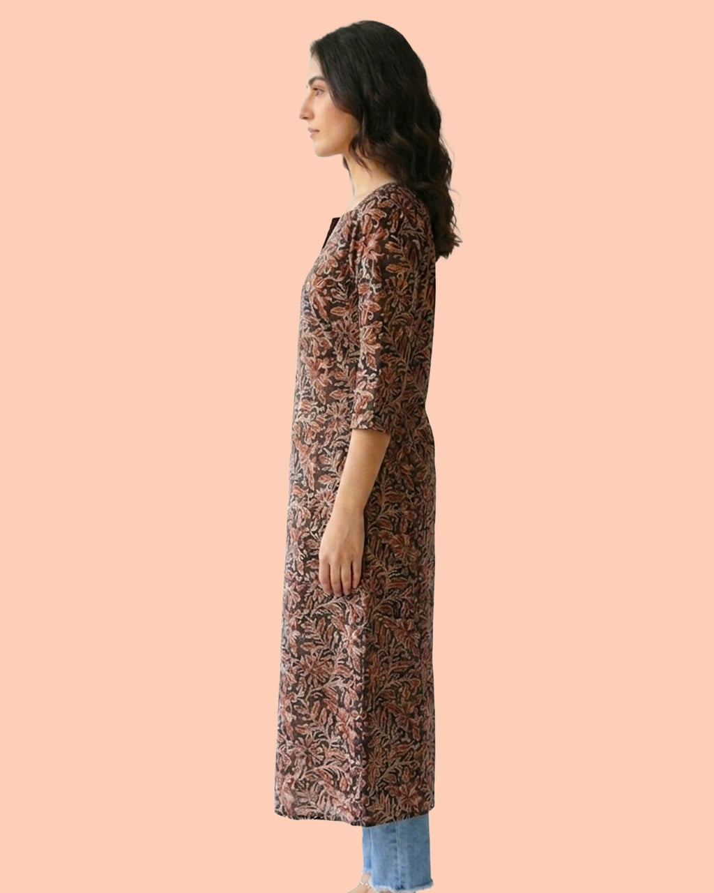Black Cotton Sleeved A-Line Long Kurti - Kalamkari Leaf Print Tunic