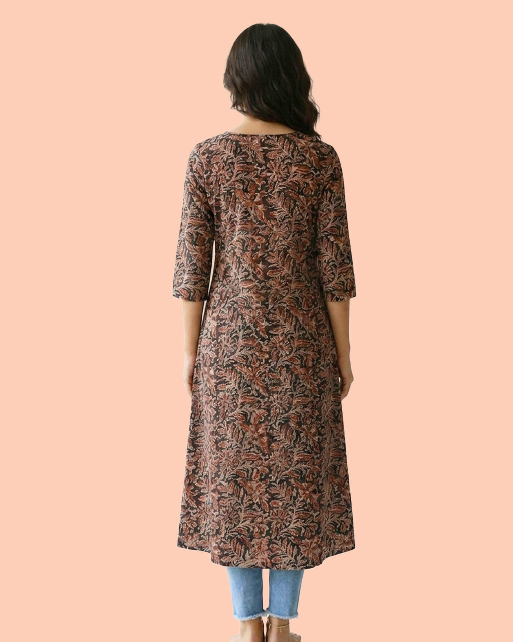 Black Cotton Sleeved A-Line Long Kurti - Kalamkari Leaf Print Tunic