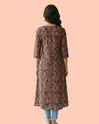 Black Cotton Sleeved A-Line Long Kurti - Kalamkari Leaf Print Tunic