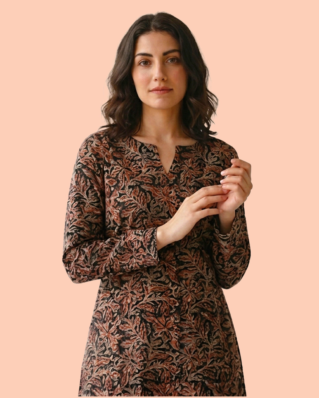 Black Cotton Sleeved A-Line Long Kurti - Kalamkari Leaf Print Tunic