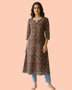 Black Cotton Sleeved A-Line Long Kurti - Kalamkari Leaf Print Tunic