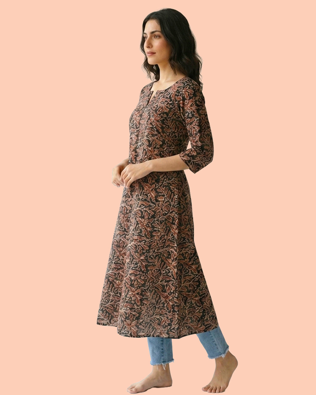 Black Cotton Sleeved A-Line Long Kurti - Kalamkari Leaf Print Tunic