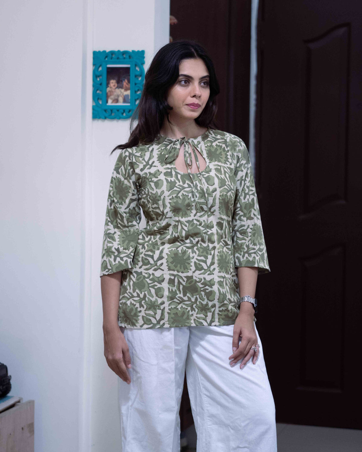 Olive Green Cotton Keyhole Tie-Up Short Kurti