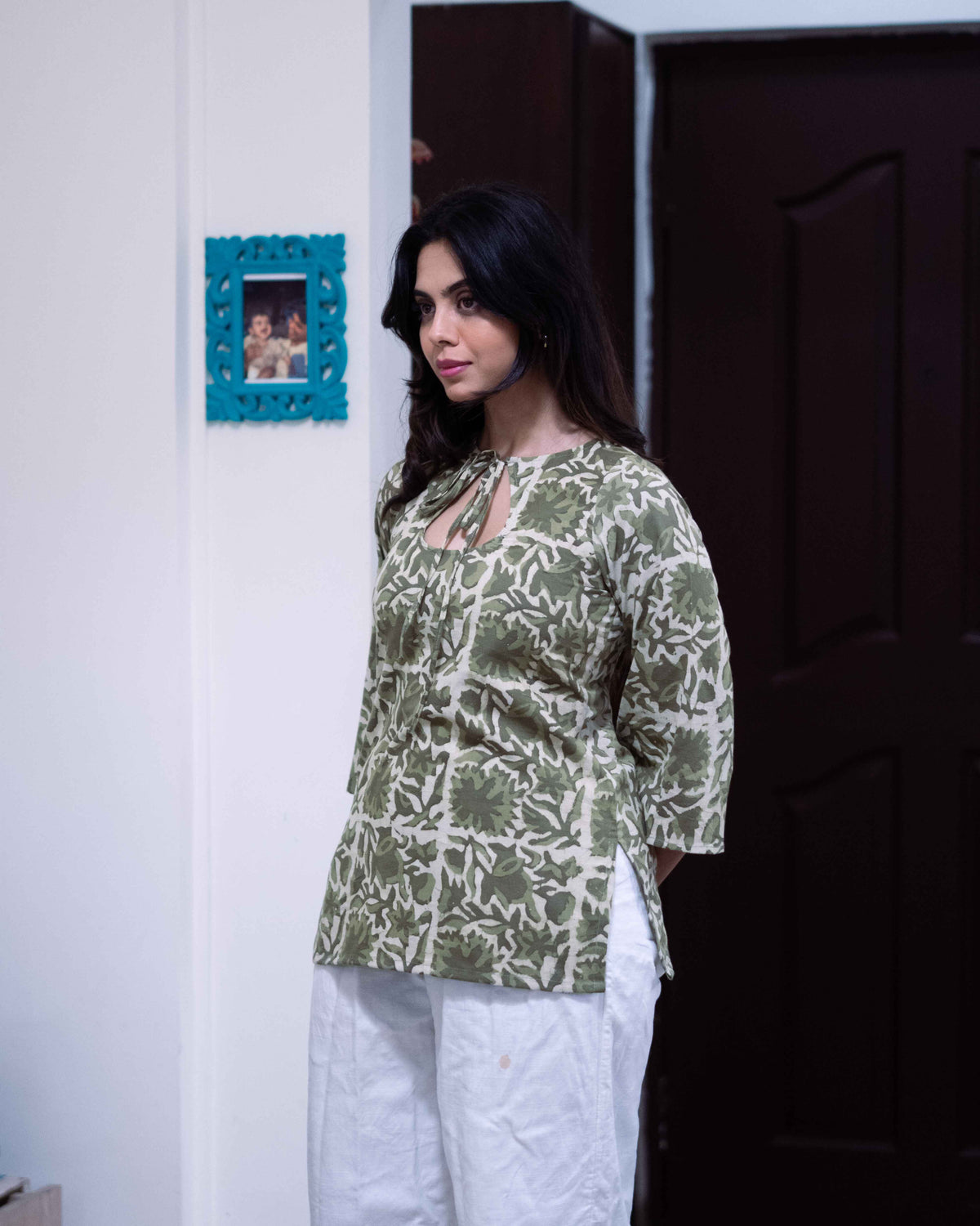 Olive Green Cotton Keyhole Tie-Up Short Kurti