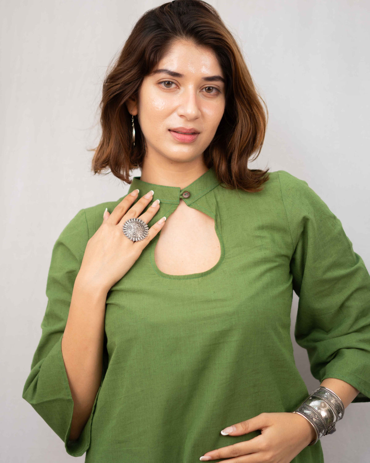 Olive Green Cotton Keyhole Short Kurti - Bell Sleeve Tunic