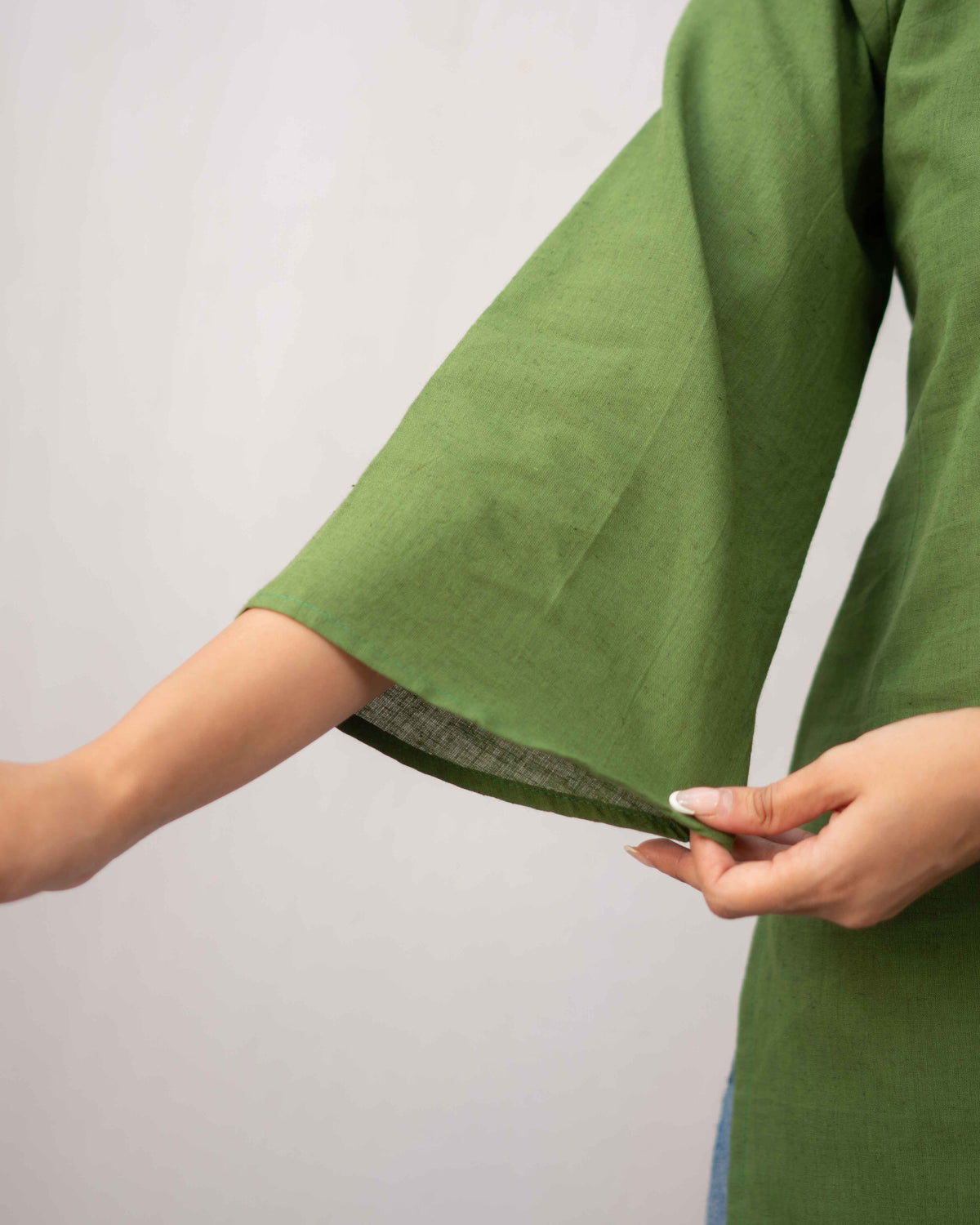 Olive Green Cotton Keyhole Short Kurti - Bell Sleeve Tunic