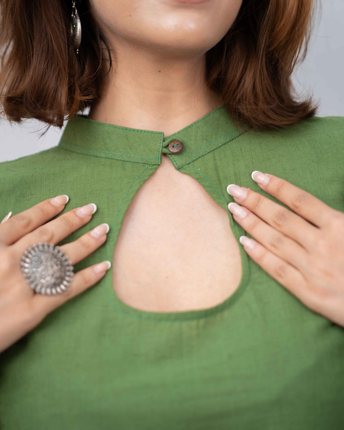 Olive Green Cotton Keyhole Short Kurti - Bell Sleeve Tunic
