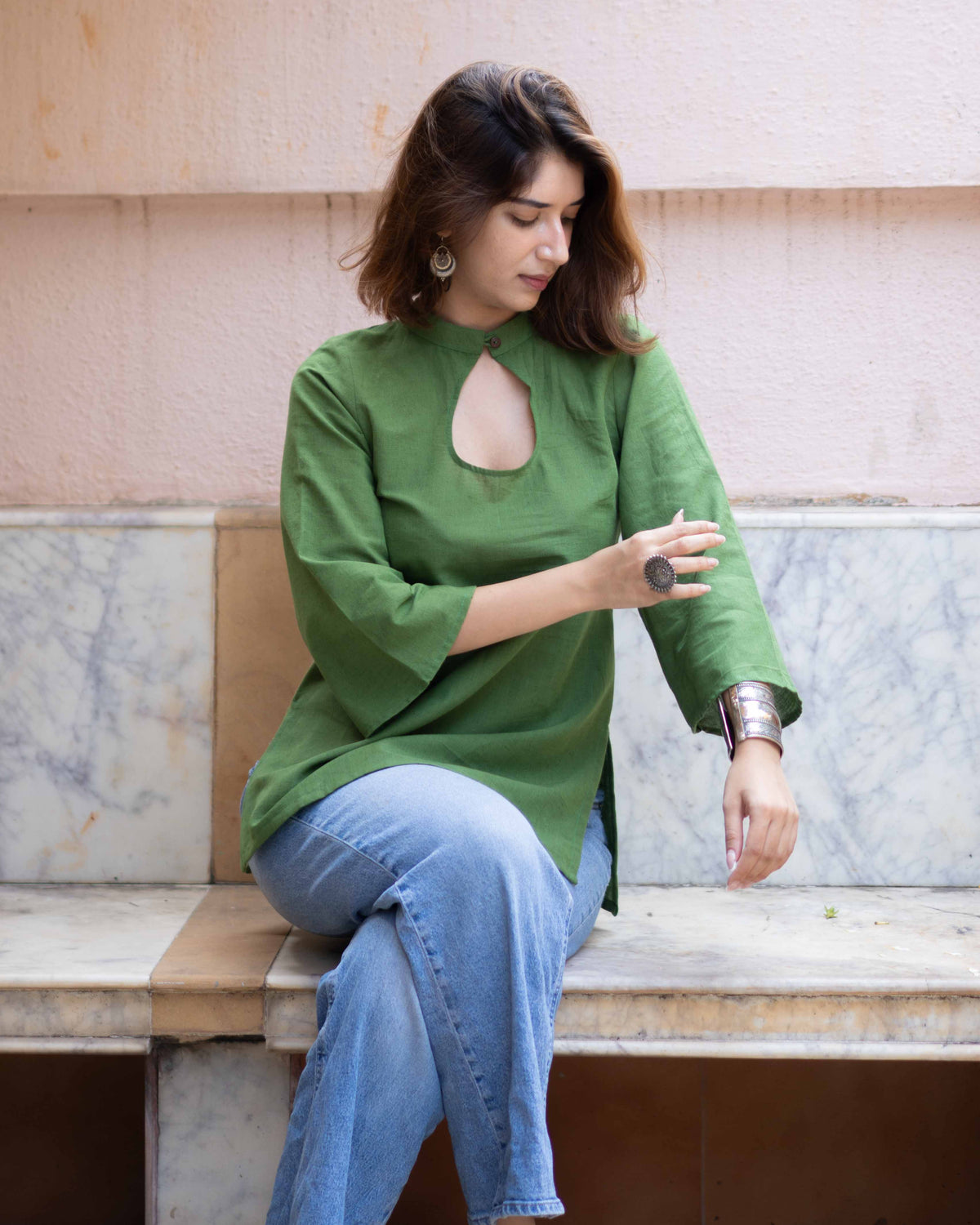 Olive Green Cotton Keyhole Short Kurti - Bell Sleeve Tunic