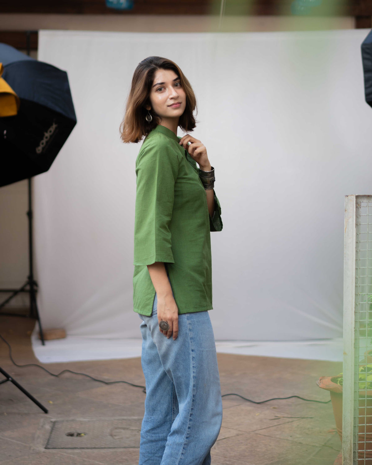 Olive Green Cotton Keyhole Short Kurti - Bell Sleeve Tunic