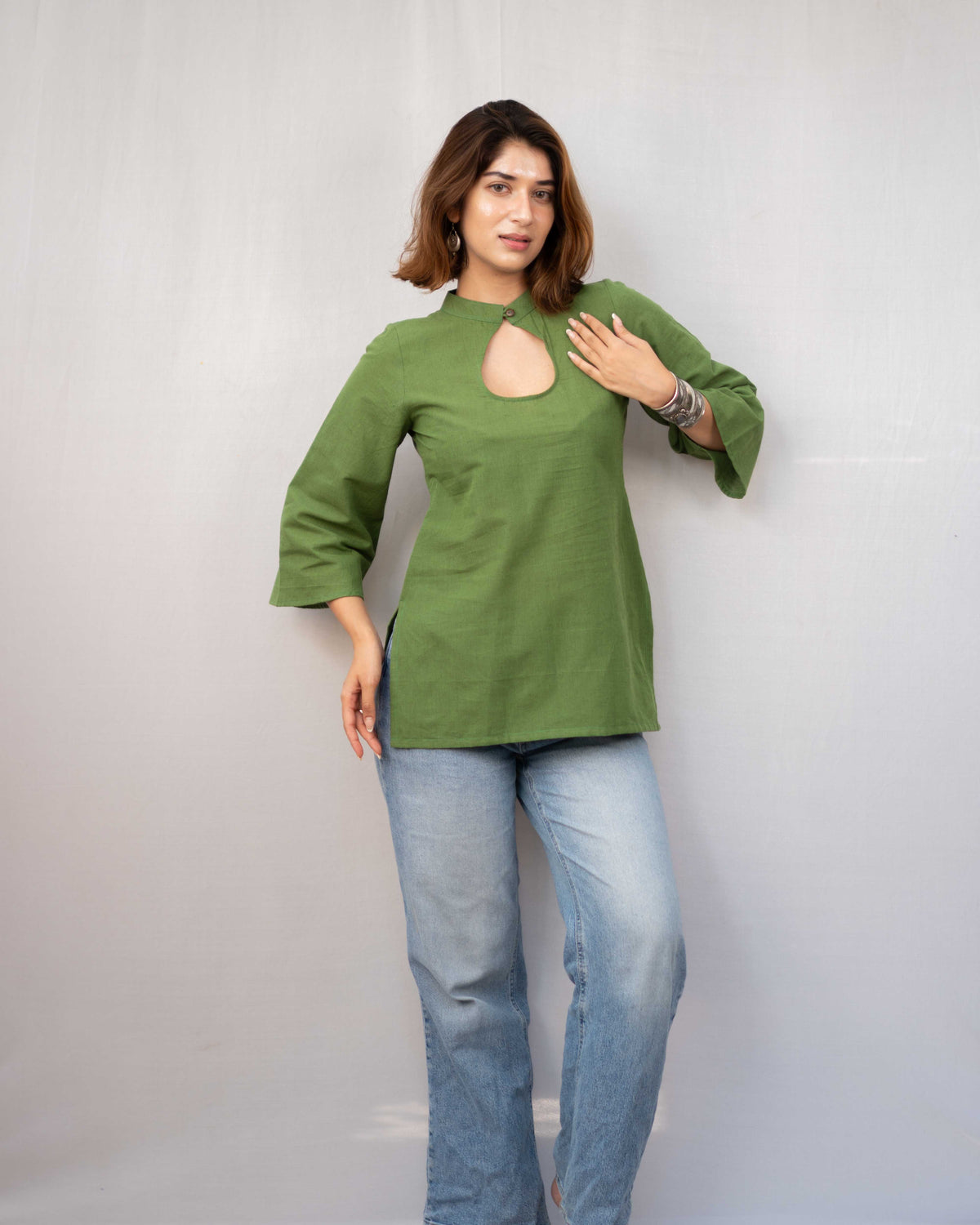 Olive Green Cotton Keyhole Short Kurti - Bell Sleeve Tunic