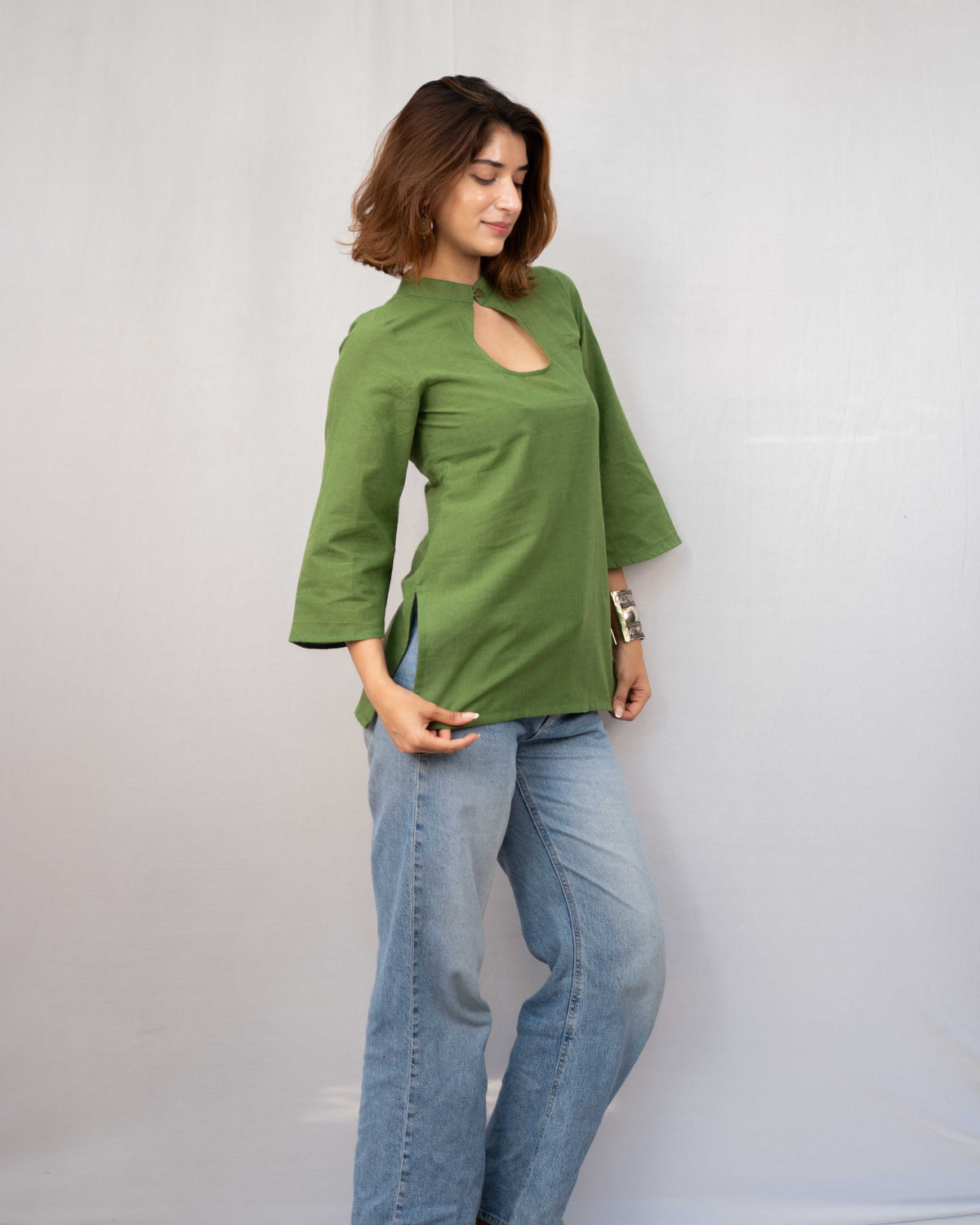 Olive Green Cotton Keyhole Short Kurti - Bell Sleeve Tunic