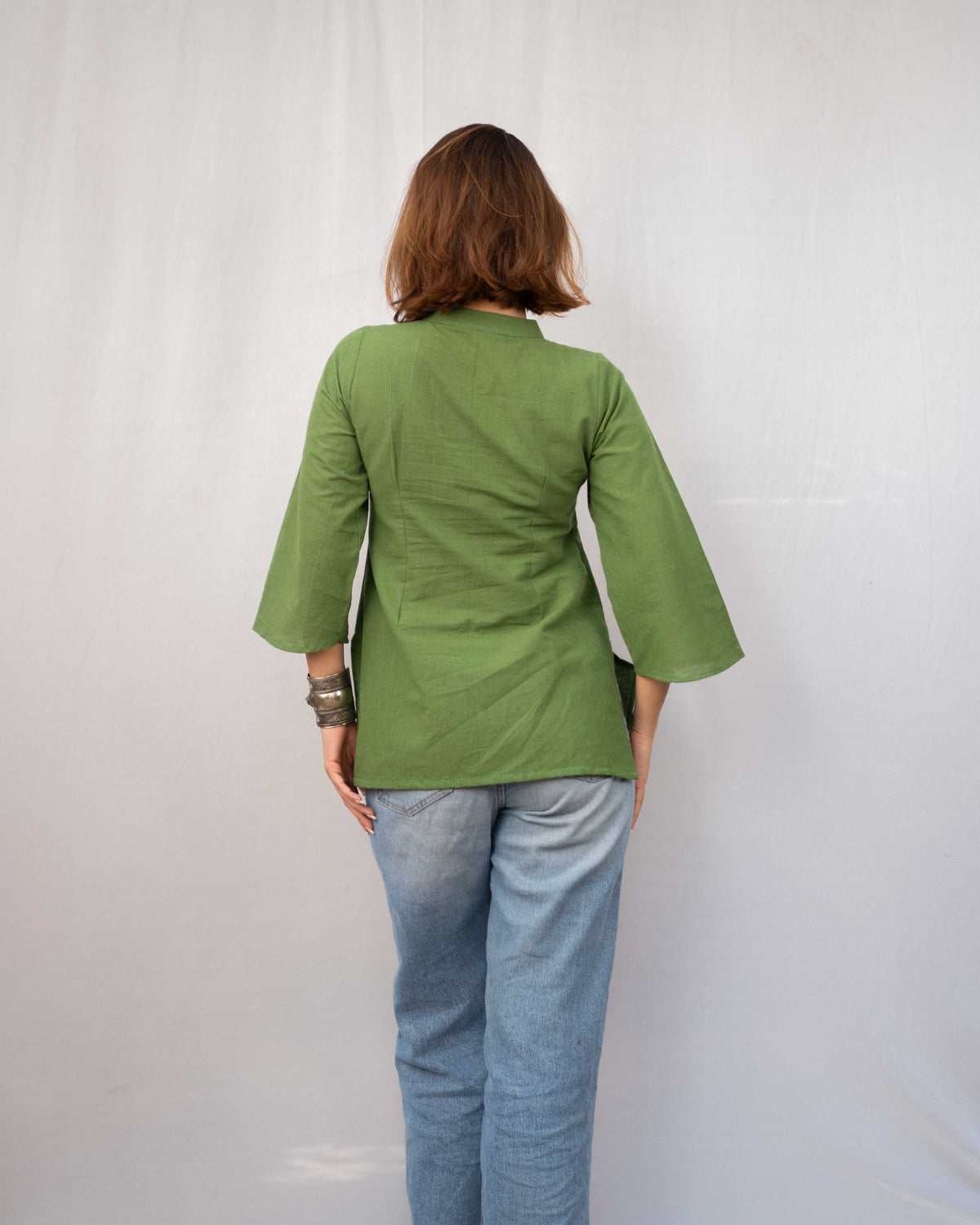 Olive Green Cotton Keyhole Short Kurti - Bell Sleeve Tunic