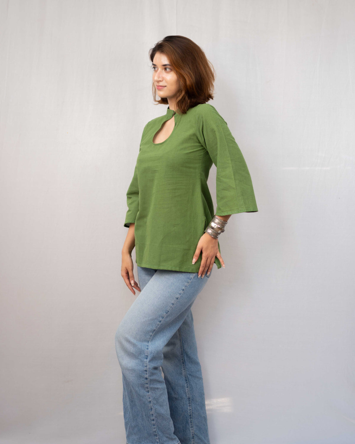 Olive Green Cotton Keyhole Short Kurti - Bell Sleeve Tunic