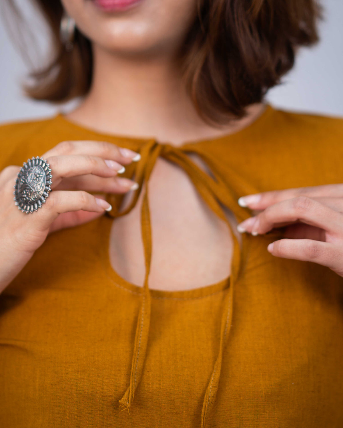 Mustard Yellow Cotton Keyhole Short Kurti - Ochre Bell Sleeve Tunic