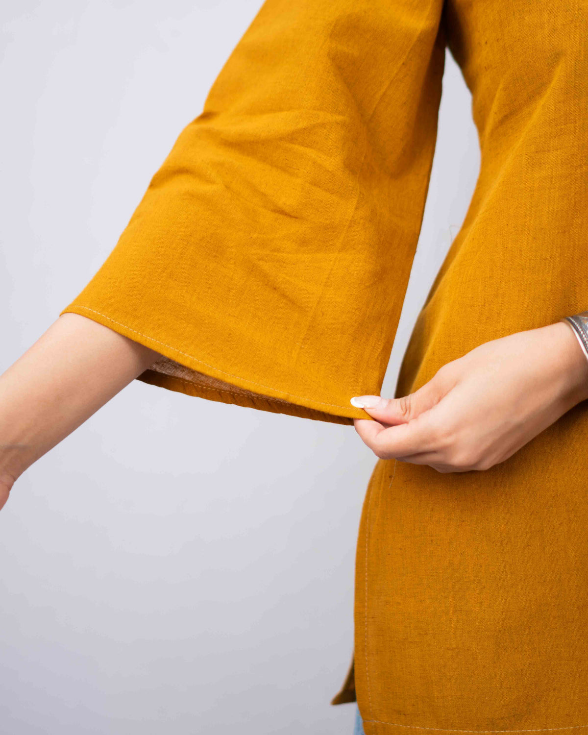 Mustard Yellow Cotton Keyhole Short Kurti - Ochre Bell Sleeve Tunic