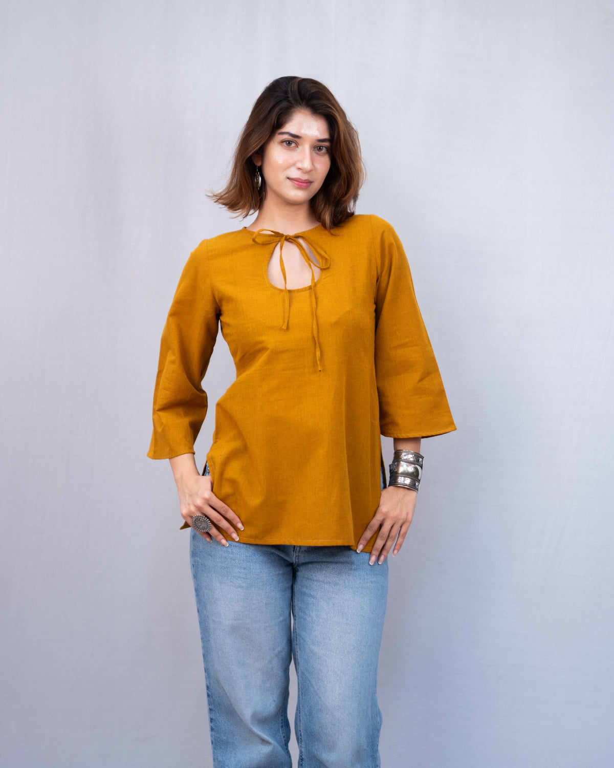 Mustard Yellow Cotton Keyhole Short Kurti - Ochre Bell Sleeve Tunic