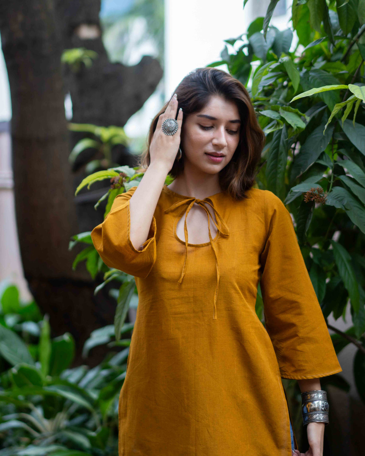 Mustard Yellow Cotton Keyhole Short Kurti - Ochre Bell Sleeve Tunic
