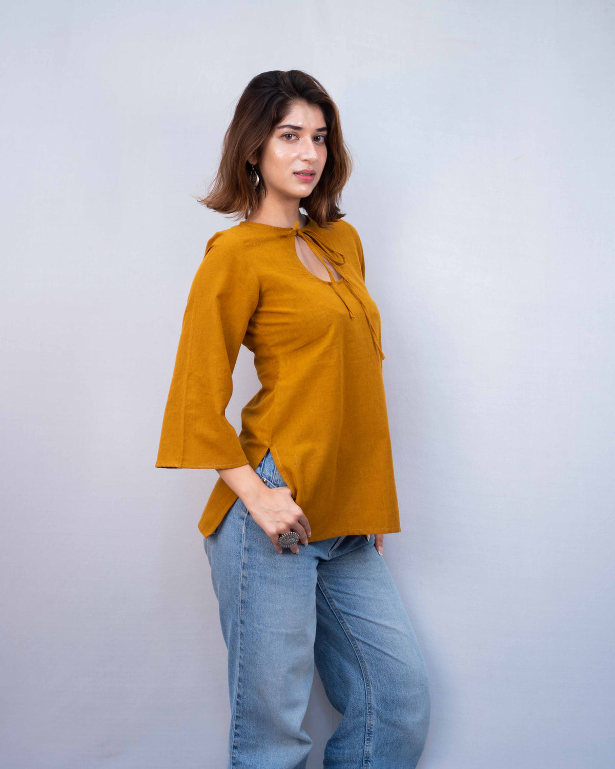 Mustard Yellow Cotton Keyhole Short Kurti - Ochre Bell Sleeve Tunic