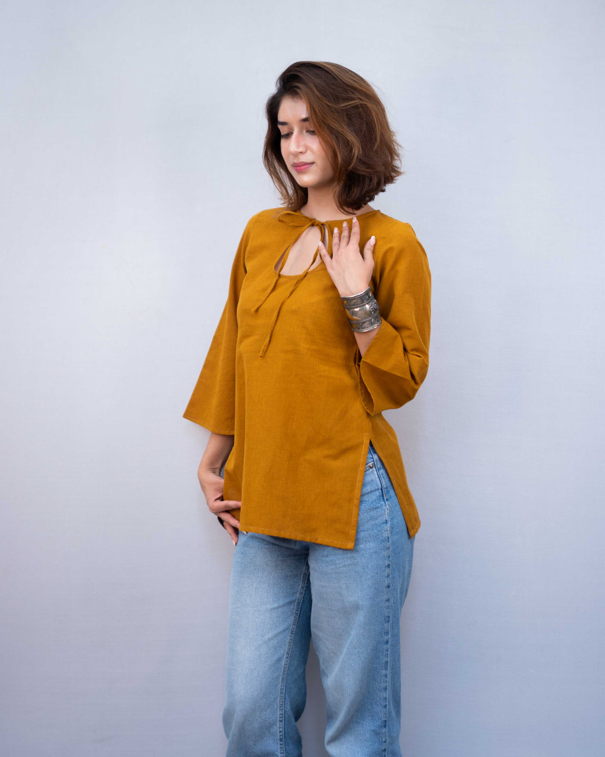 Mustard Yellow Cotton Keyhole Short Kurti - Ochre Bell Sleeve Tunic