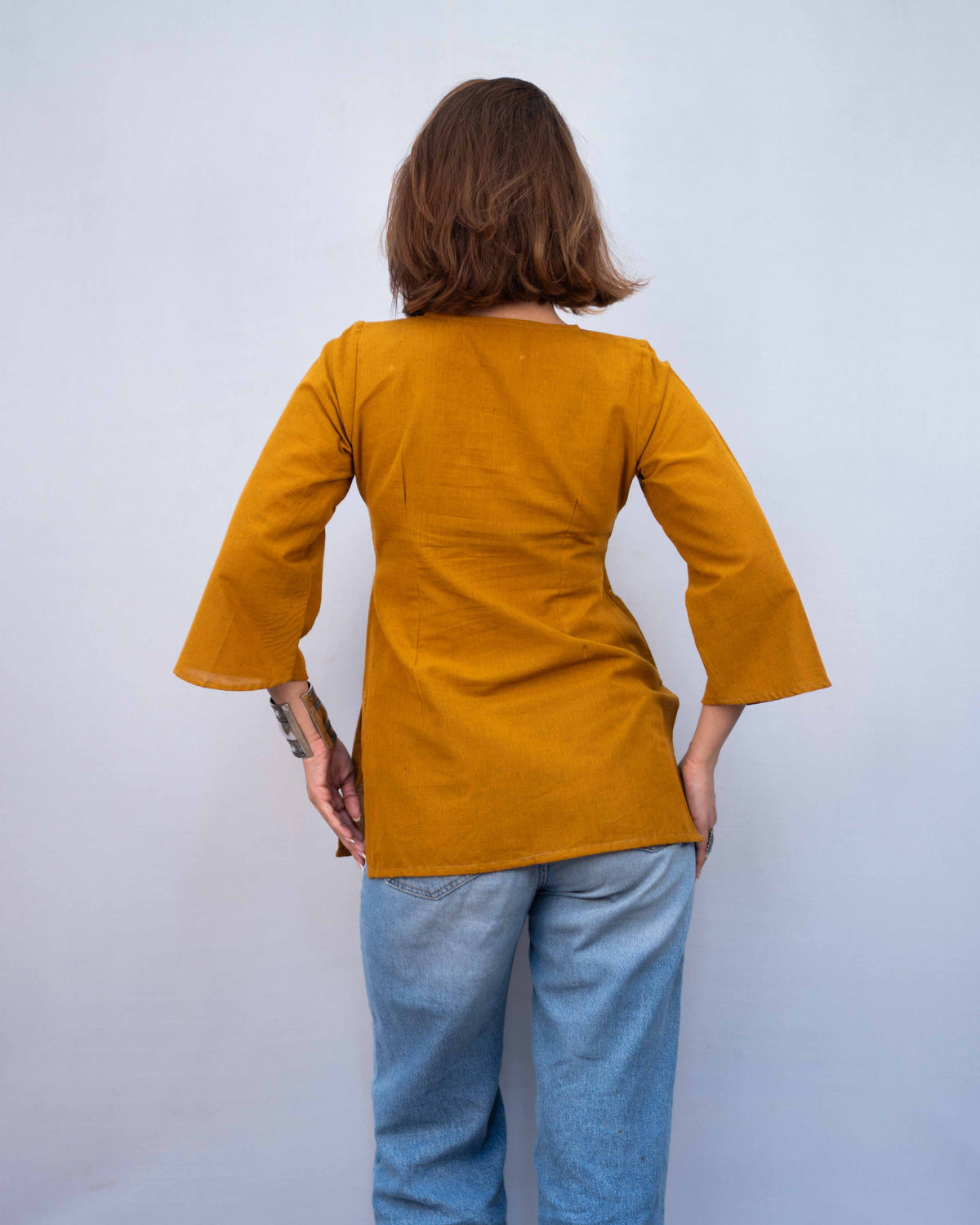 Mustard Yellow Cotton Keyhole Short Kurti - Ochre Bell Sleeve Tunic