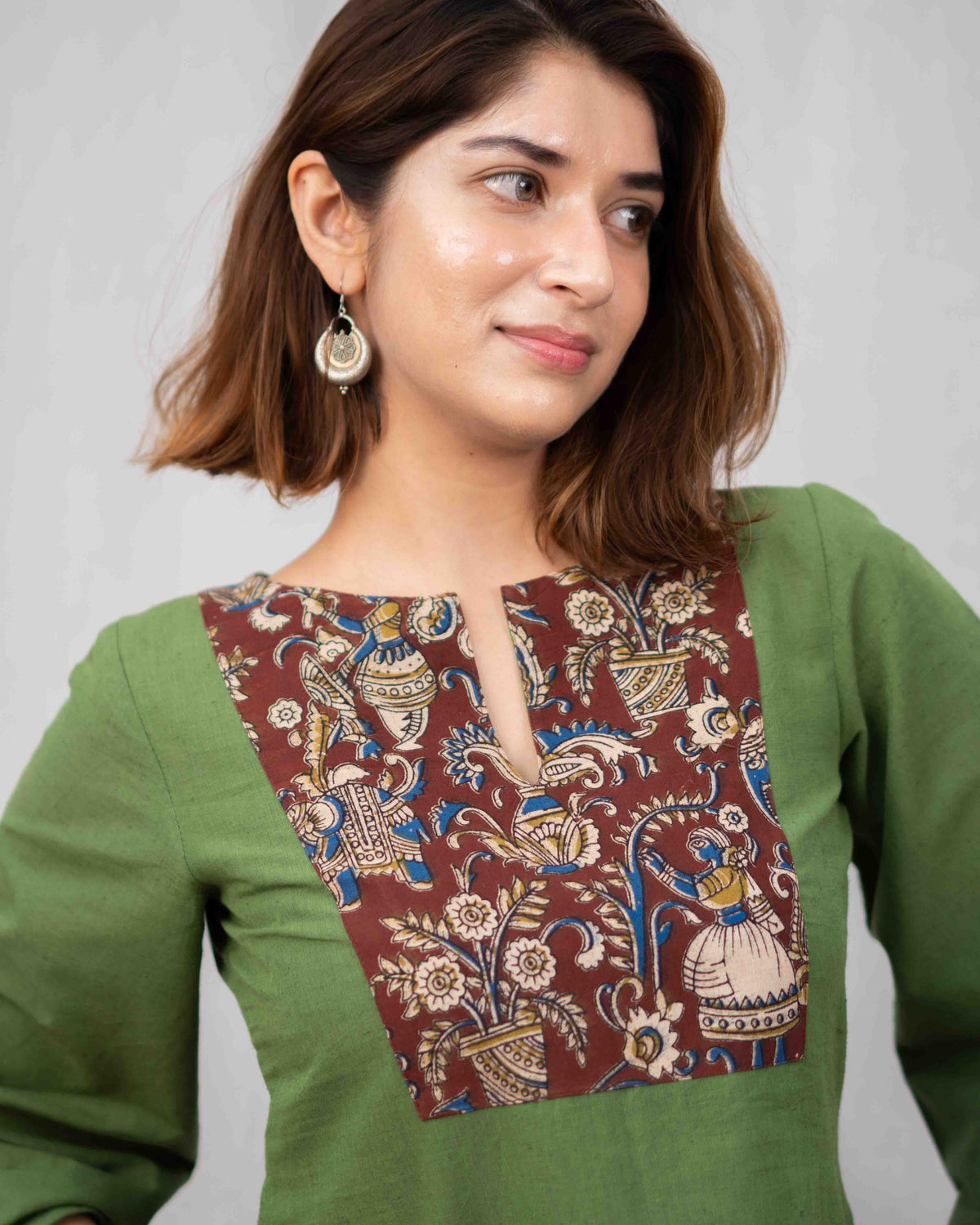 Olive Green Kalamkari Yoke Cotton Short Kurti - Bell Sleeve Tunic