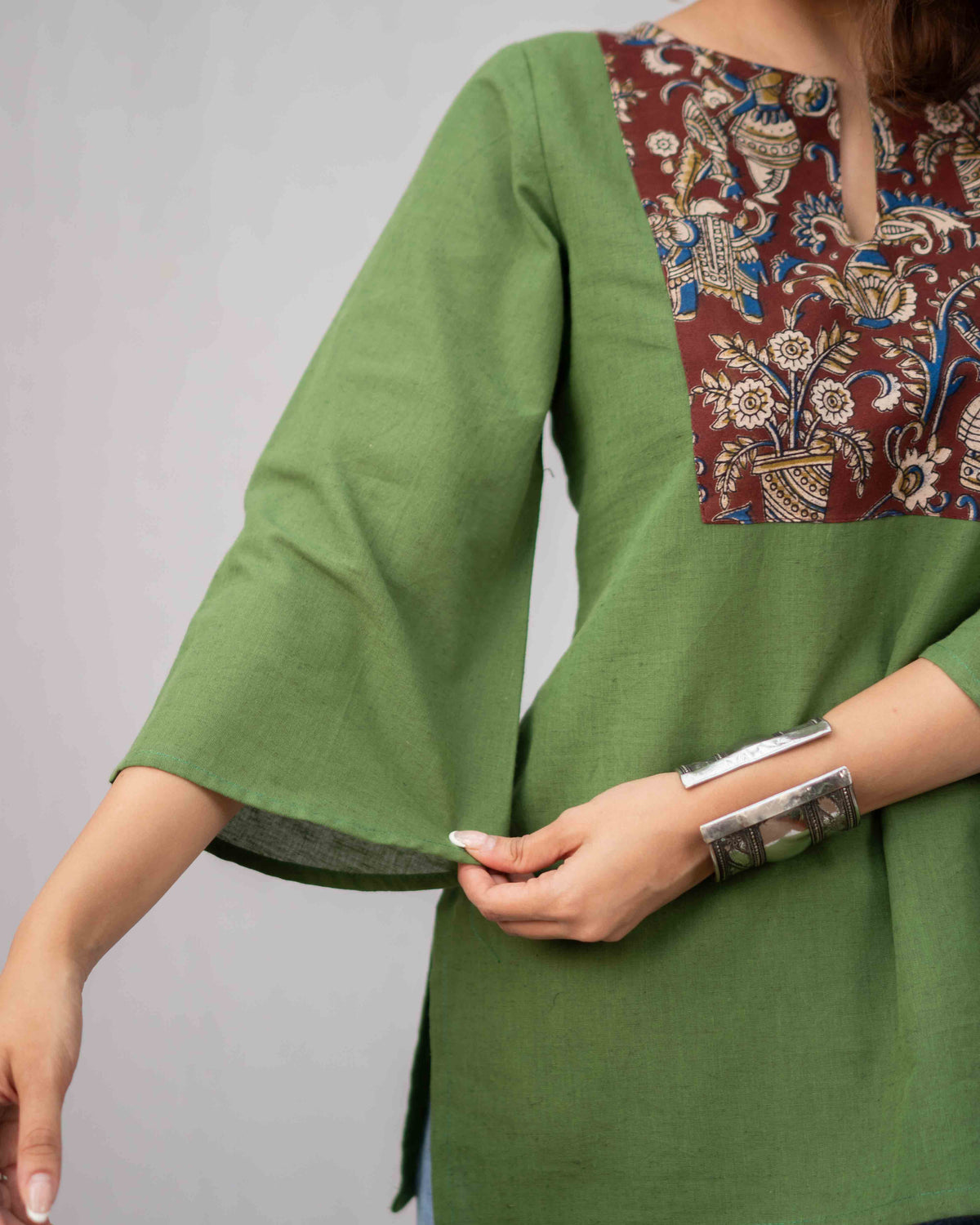 Olive Green Kalamkari Yoke Cotton Short Kurti - Bell Sleeve Tunic