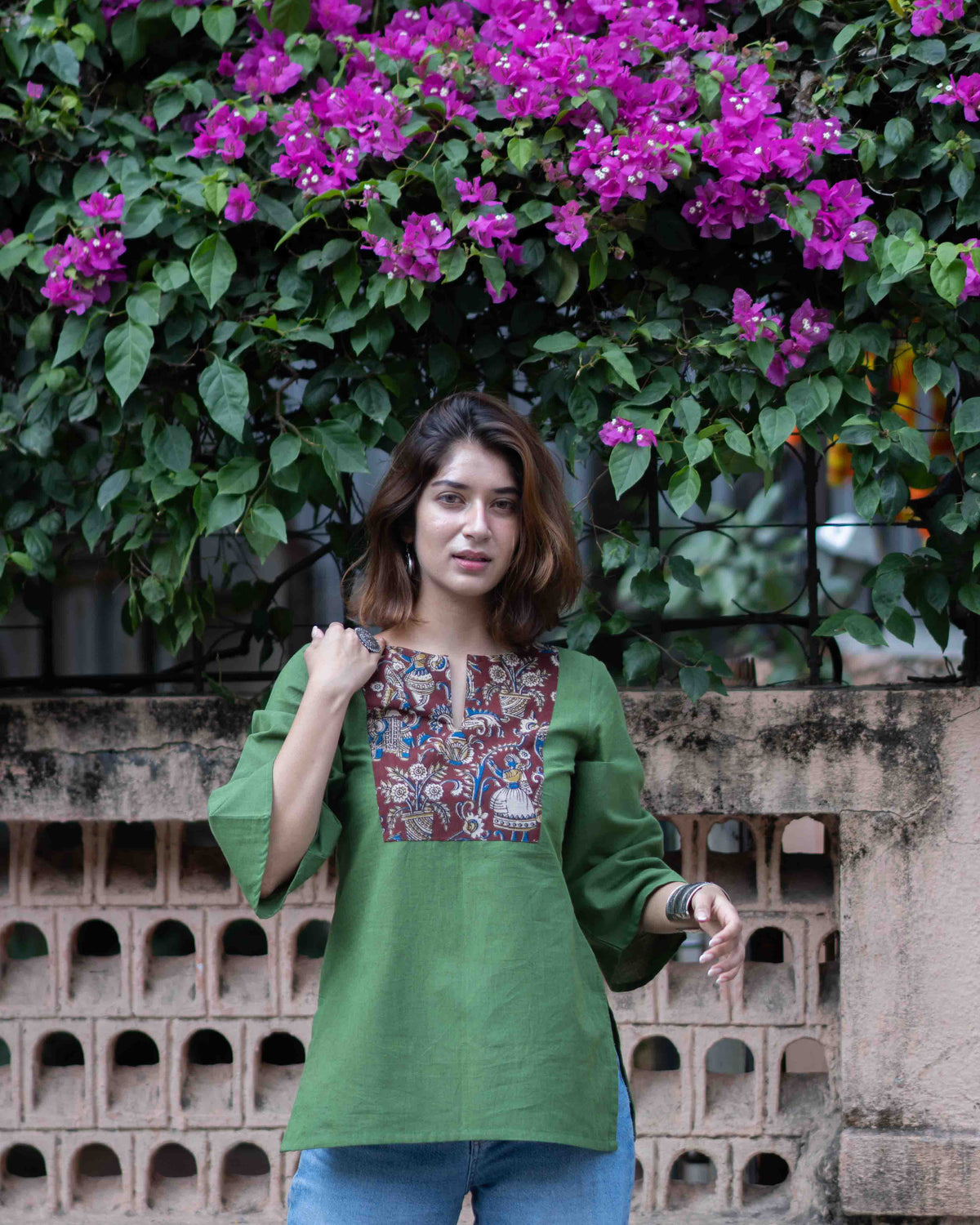 Olive Green Kalamkari Yoke Cotton Short Kurti - Bell Sleeve Tunic