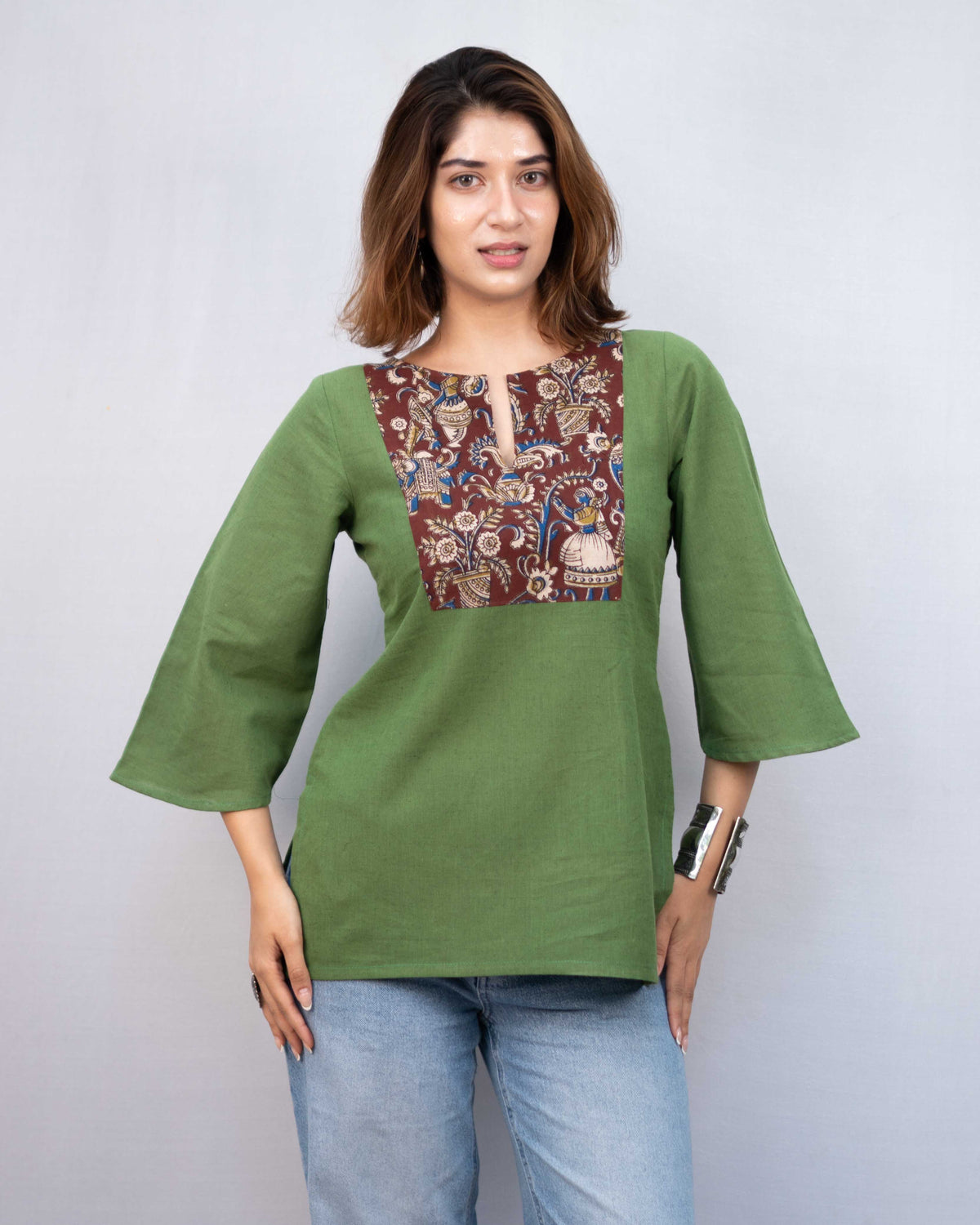 Olive Green Kalamkari Yoke Cotton Short Kurti - Bell Sleeve Tunic