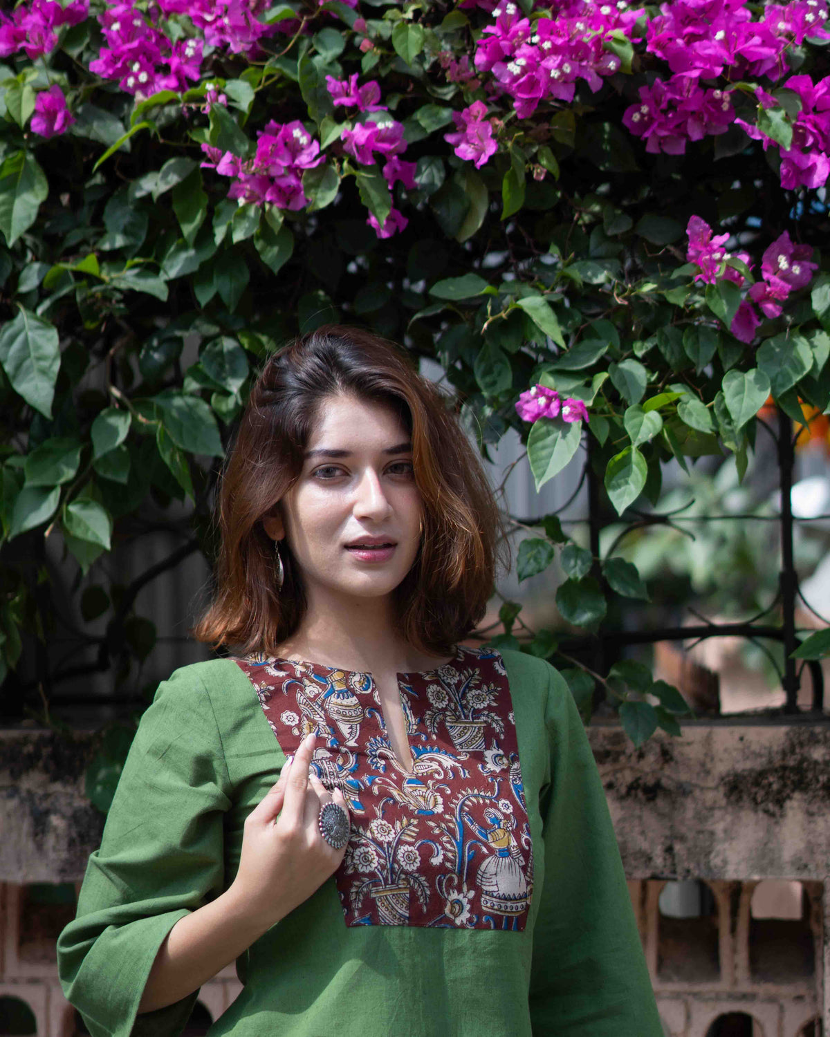 Olive Green Kalamkari Yoke Cotton Short Kurti - Bell Sleeve Tunic