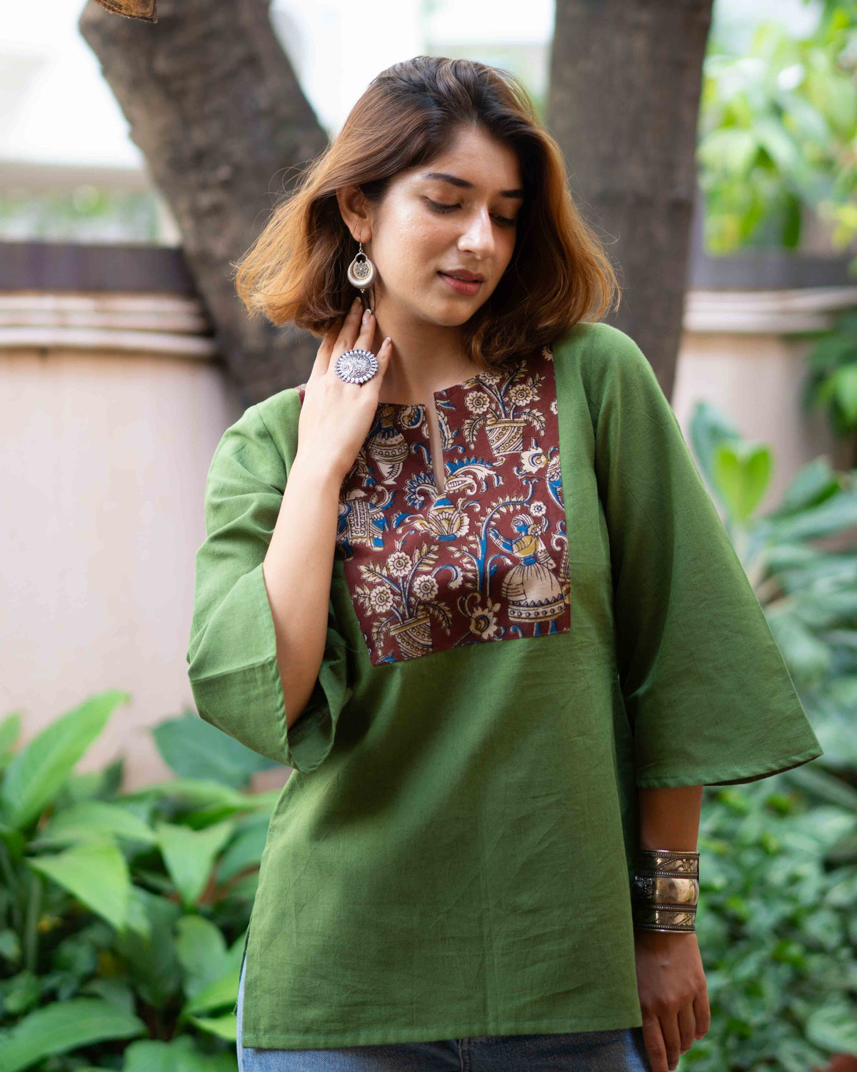 Olive Green Kalamkari Yoke Cotton Short Kurti - Bell Sleeve Tunic