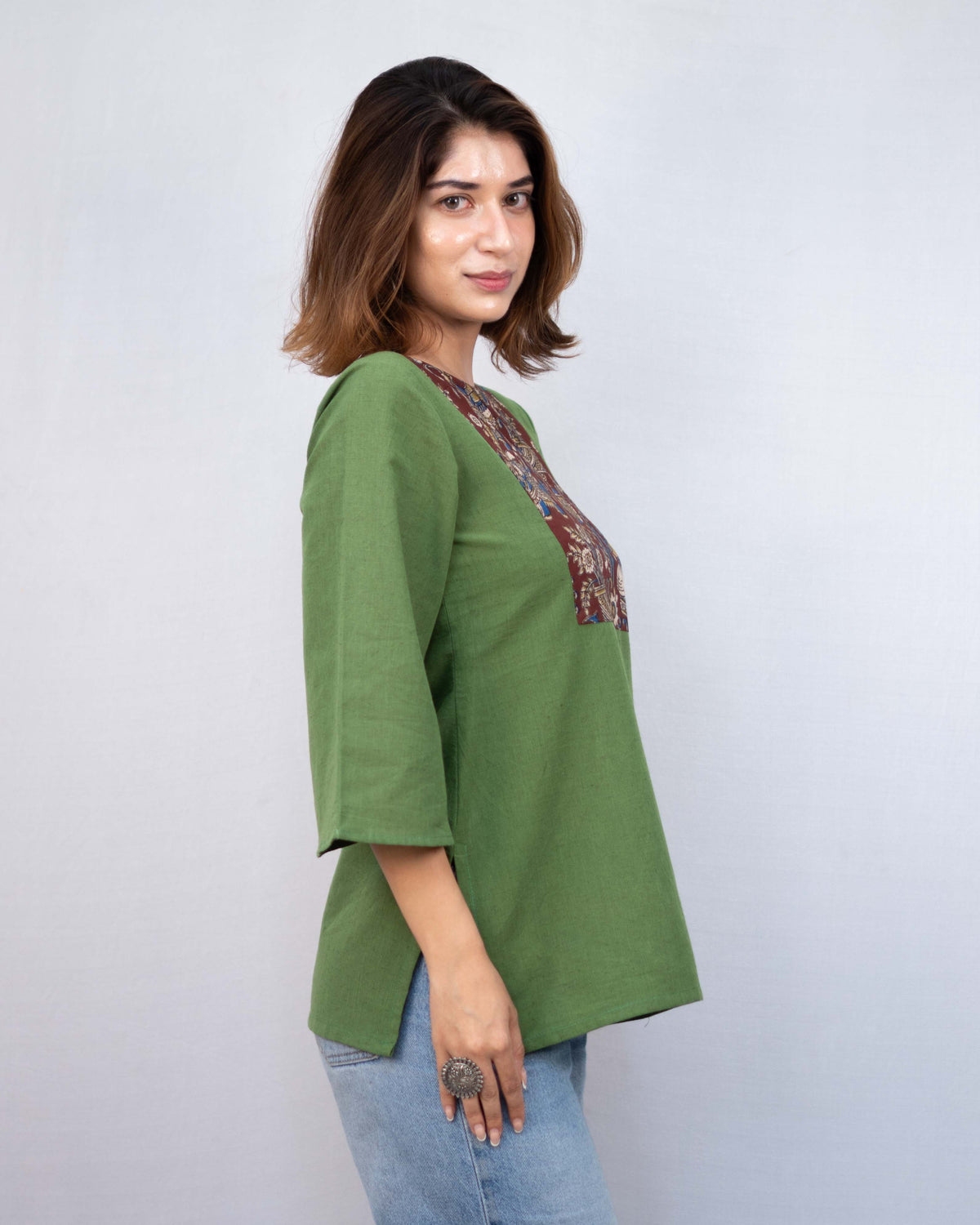 Olive Green Kalamkari Yoke Cotton Short Kurti - Bell Sleeve Tunic