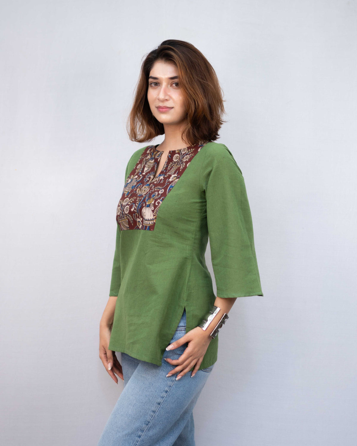 Olive Green Kalamkari Yoke Cotton Short Kurti - Bell Sleeve Tunic