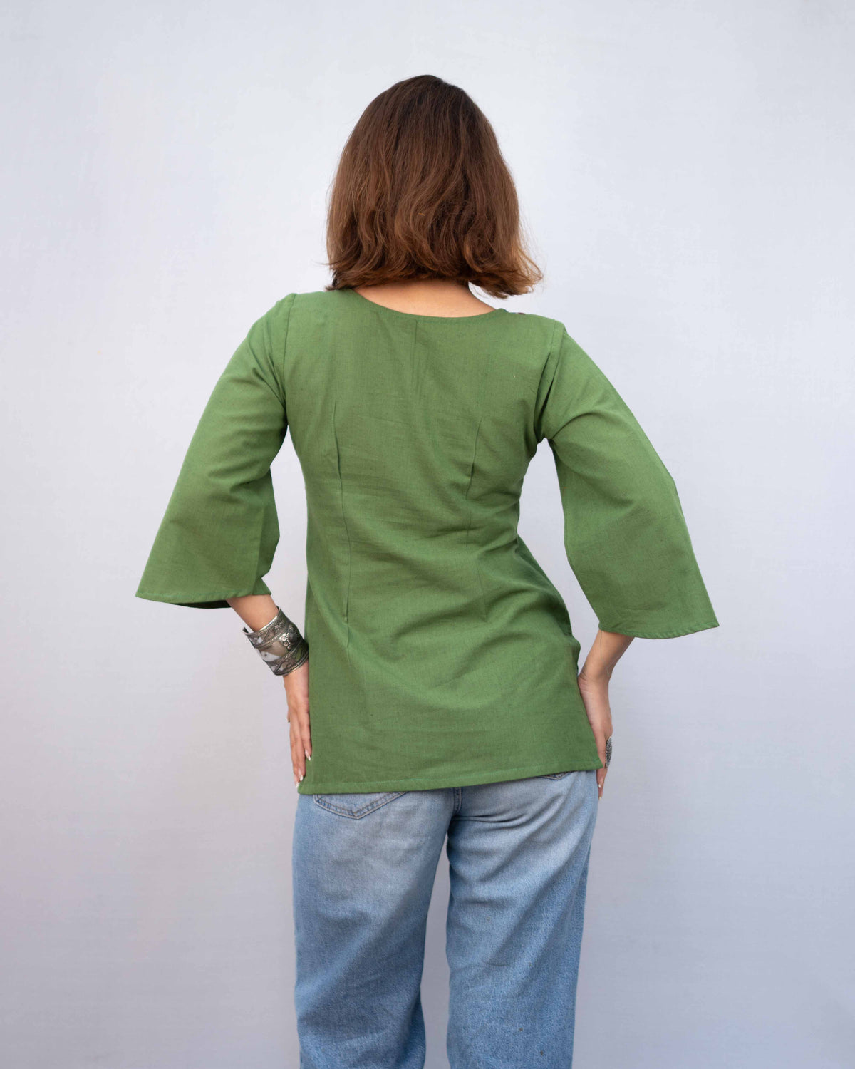 Olive Green Kalamkari Yoke Cotton Short Kurti - Bell Sleeve Tunic