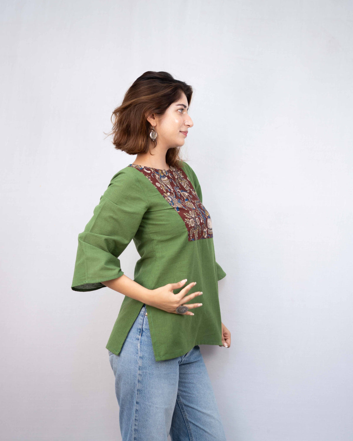 Olive Green Kalamkari Yoke Cotton Short Kurti - Bell Sleeve Tunic