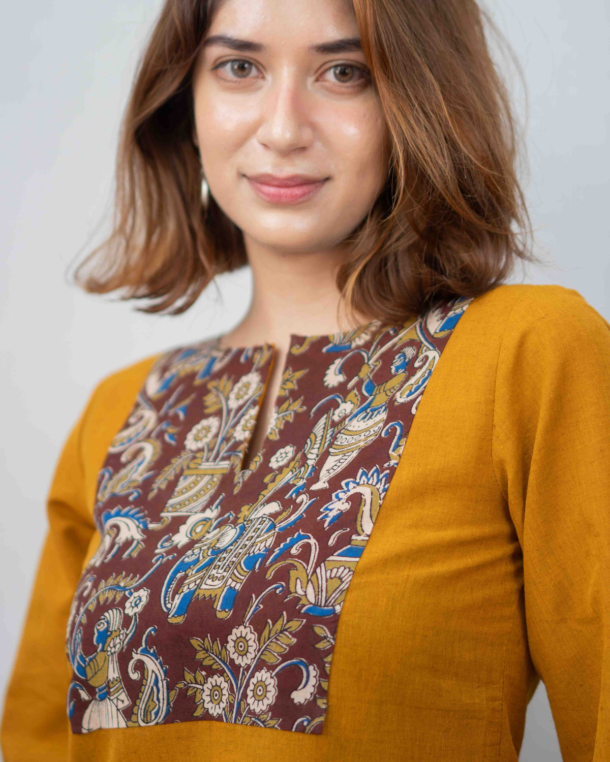 Mustard Yellow Kalamkari Yoke Cotton Short Kurti - Ochre Bell Sleeve Tunic
