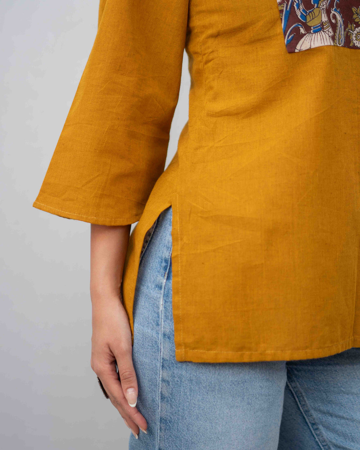 Mustard Yellow Kalamkari Yoke Cotton Short Kurti - Ochre Bell Sleeve Tunic