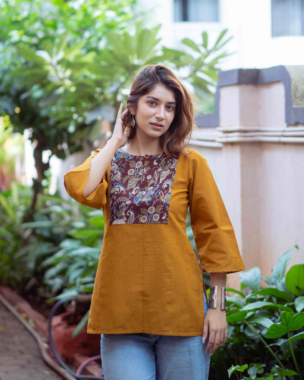 Mustard Yellow Kalamkari Yoke Cotton Short Kurti - Ochre Bell Sleeve Tunic