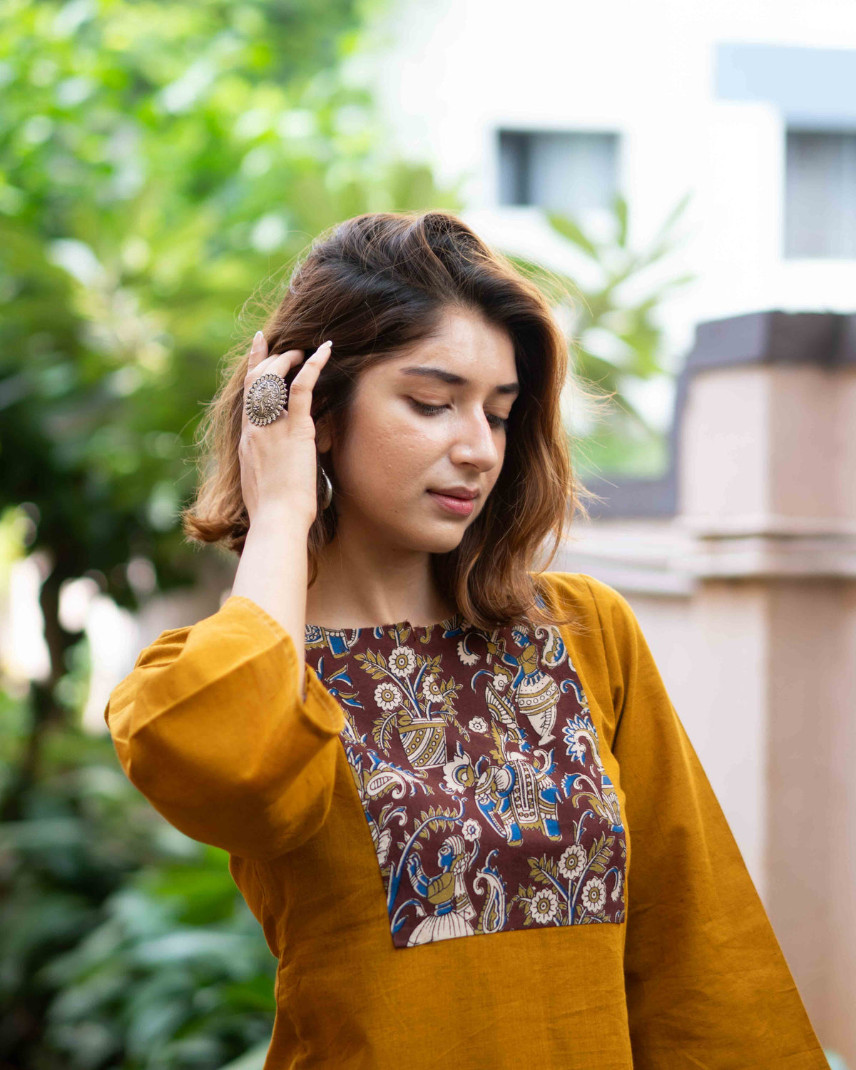 Mustard Yellow Kalamkari Yoke Cotton Short Kurti - Ochre Bell Sleeve Tunic