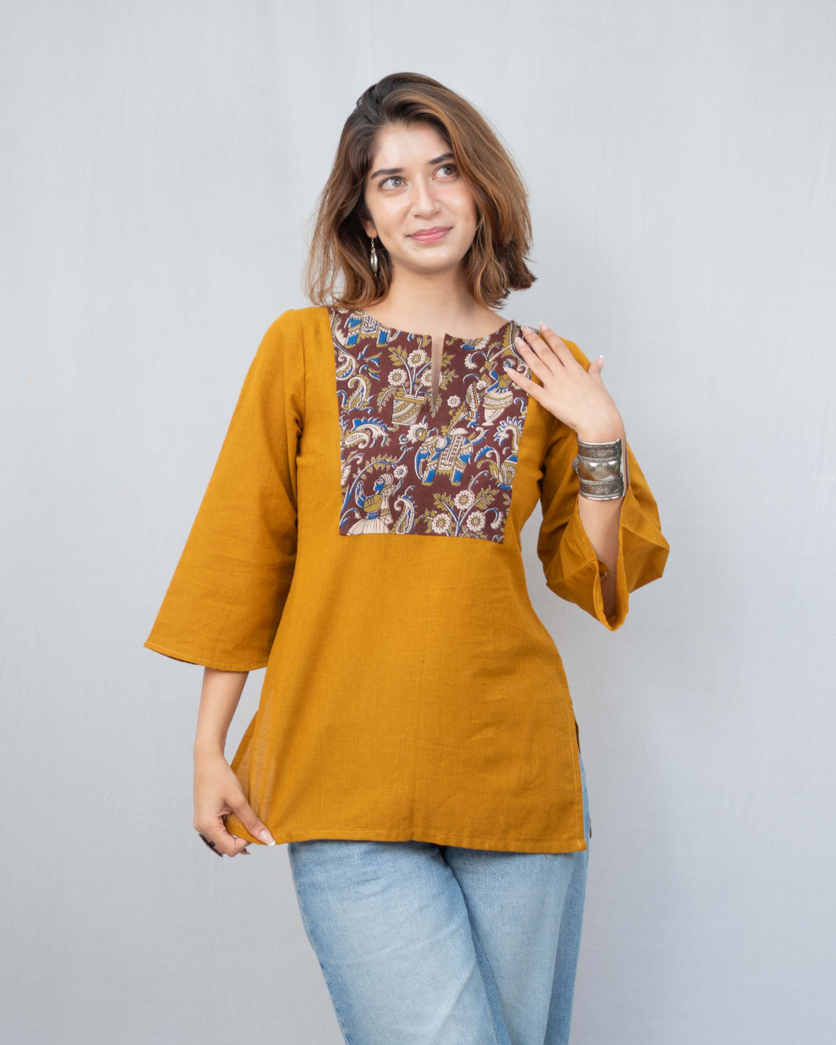 Mustard Yellow Kalamkari Yoke Cotton Short Kurti - Ochre Bell Sleeve Tunic