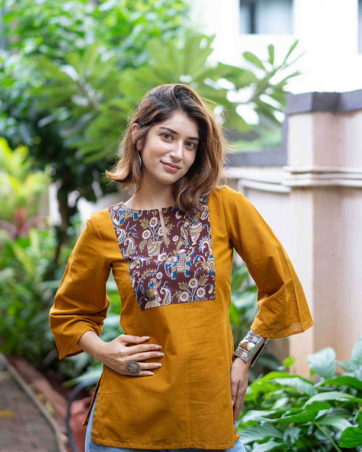 Mustard Yellow Kalamkari Yoke Cotton Short Kurti - Ochre Bell Sleeve Tunic