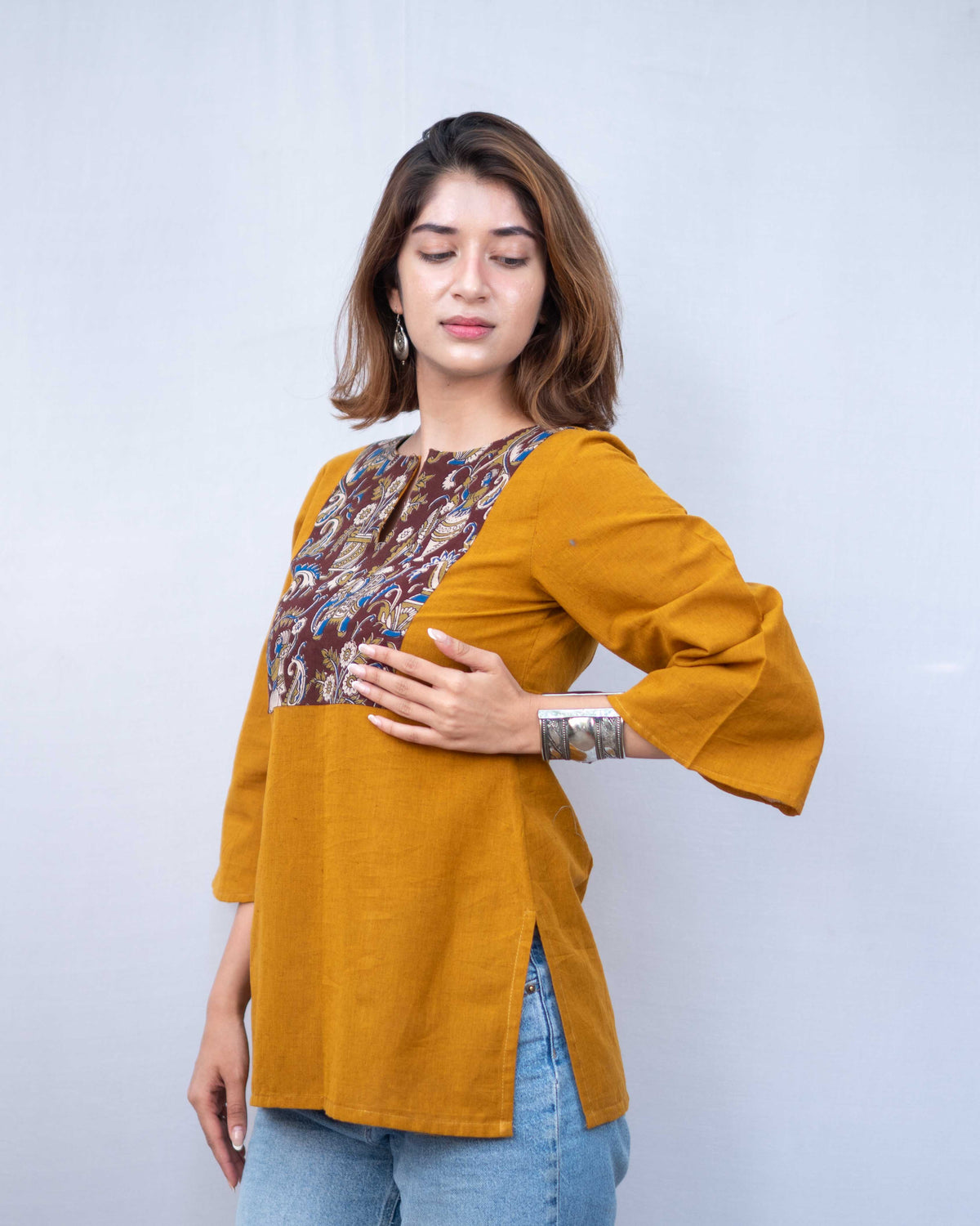 Mustard Yellow Kalamkari Yoke Cotton Short Kurti - Ochre Bell Sleeve Tunic